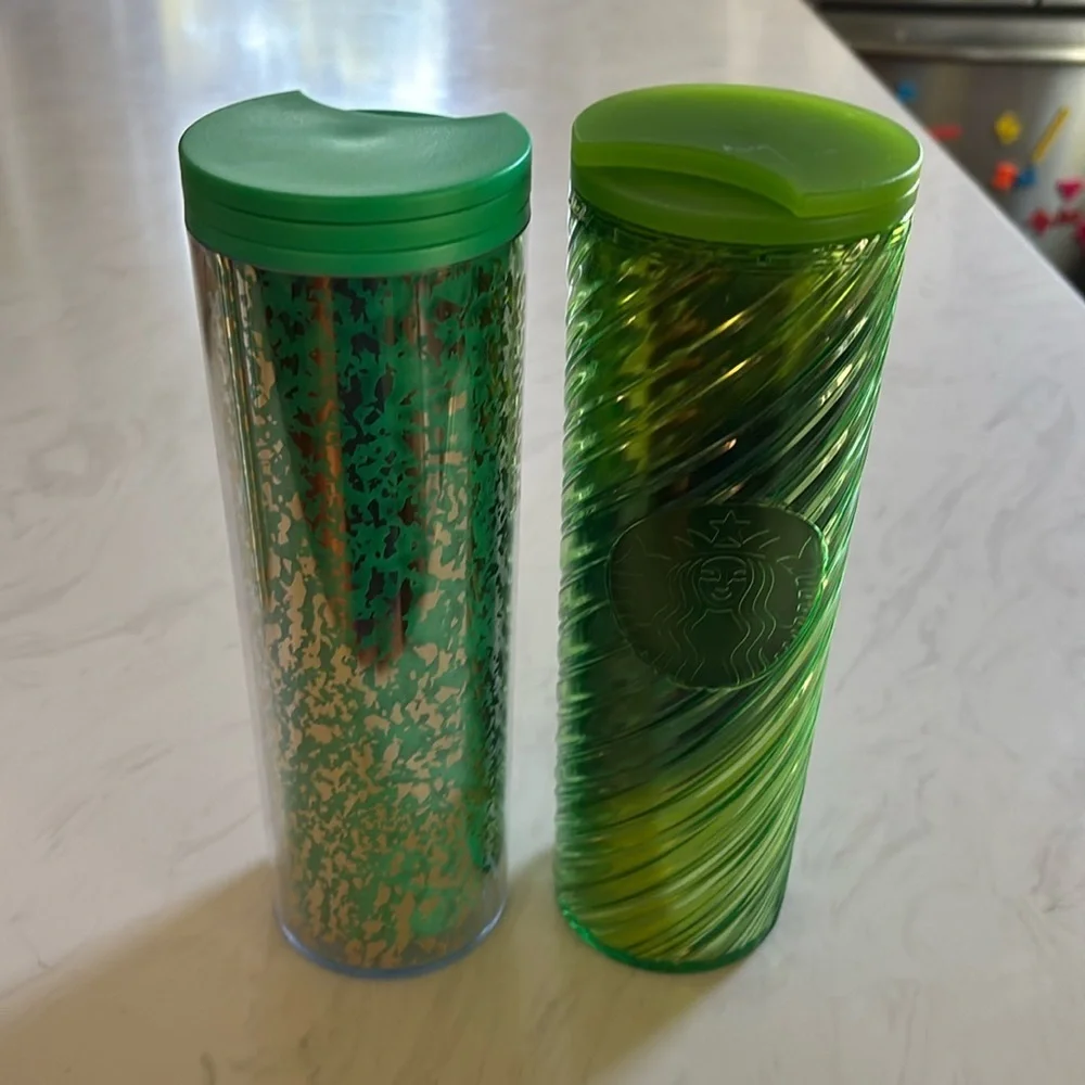 Lot of 2 Starbucks Green and Green and Gold Foil Tumbler